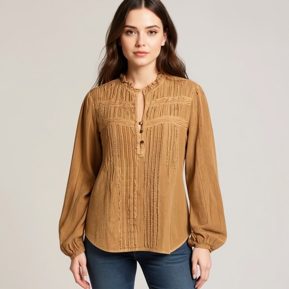 Anthropologie Eze Sur Mer Ochre Long Balloon Sleeve Peasant Top Shirt Small